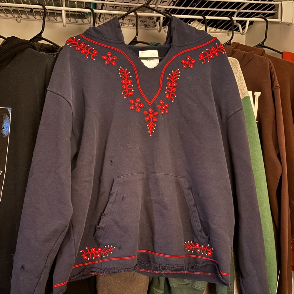 FOUND Navy Blue Embroidered Hoodie with red accents